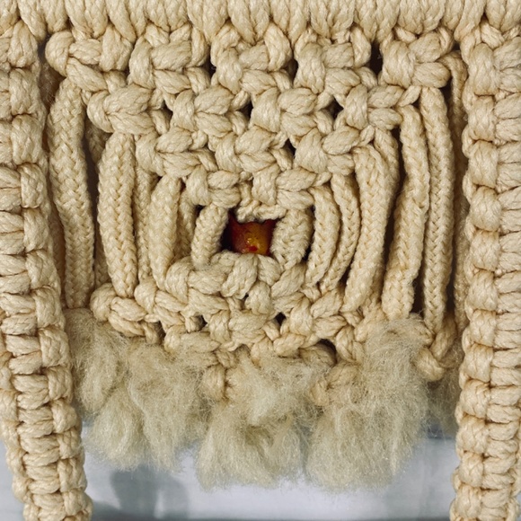 Vintage Cream Macrame Wall Hanging Woven Yarn with Acrylic Butterfly Accent 18” - Picture 7 of 9